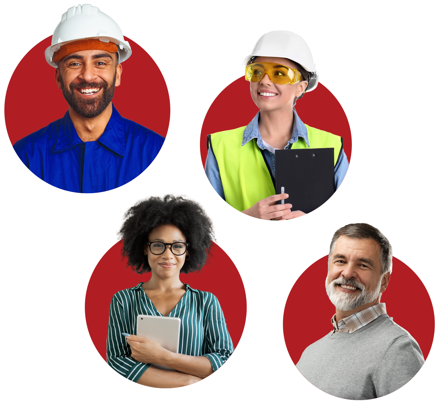 Male with hard hat, female with hard hat, vest, and clipboard, female with tablet, older male with grey sweater and beard.